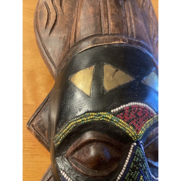 Vintage Ashanti Tribal Beaded Hand Carved Wooden Mask Ghana Brass Inlay Folk Art - Picture 5 of 11